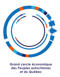 Logo du Grand Cercle Économique des Peuples autochtones et du Québec, évoquant un motif circulaire en segments bleus, orange et bleu foncés, symbolisant les événements économiques autochtones.